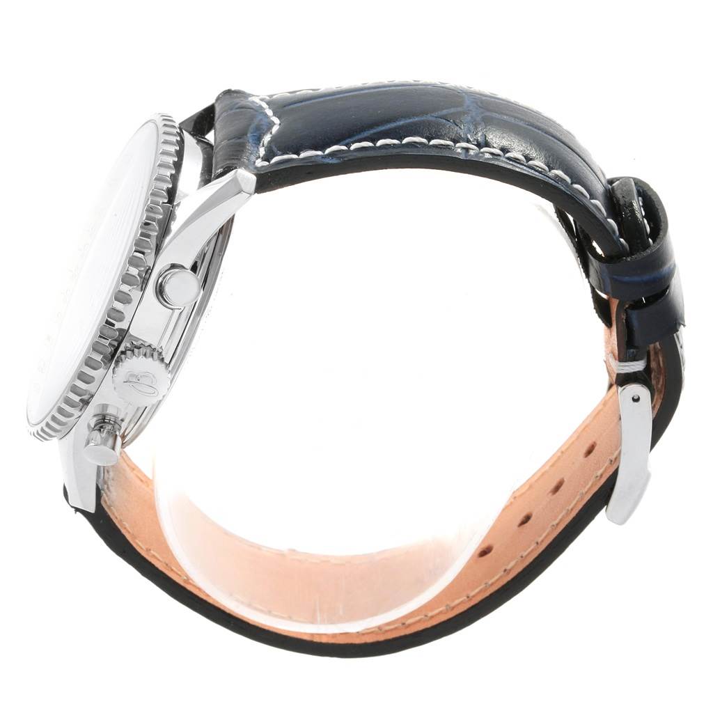 The image shows a Breitling Navitimer A23322 Men's Stainless Steel Silver Dial A23322 Men's Stainless Steel Silver Dial watch from a side angle, highlighting the bezel, crown, pushers, and leather strap.