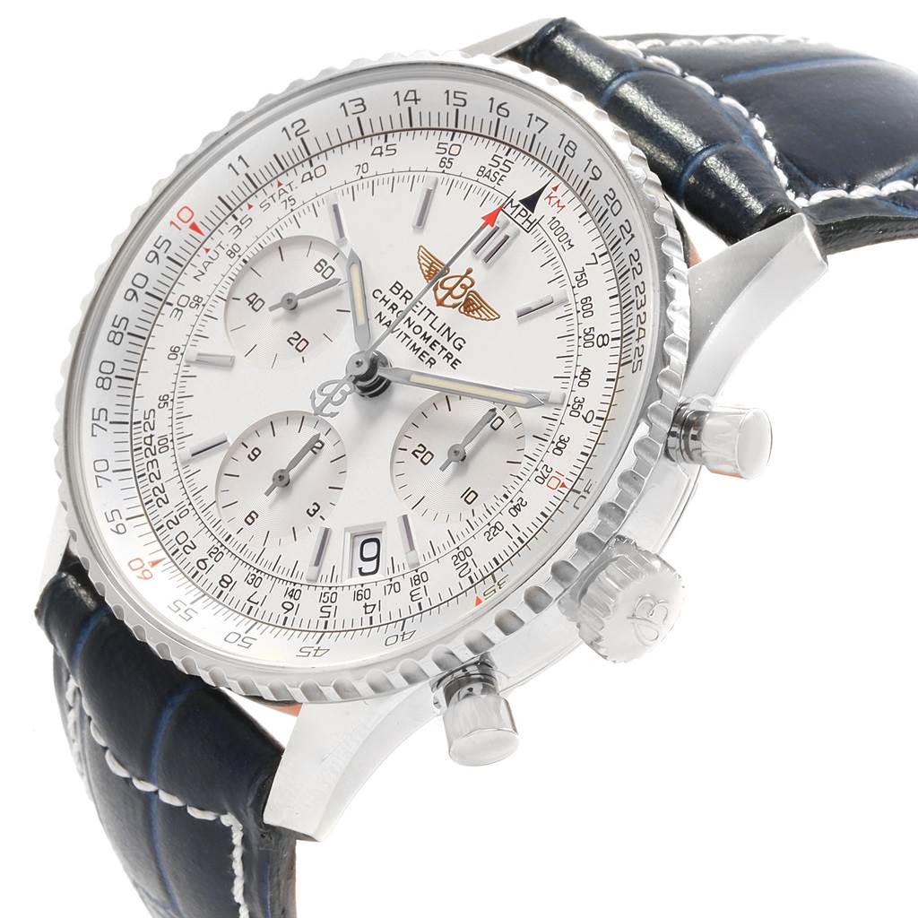 The image shows a close-up of the Breitling Navitimer A23322 Men's Stainless Steel Silver Dial A23322 Men's Stainless Steel Silver Dial watch, highlighting the dial, bezel, push buttons, and part of the leather strap.