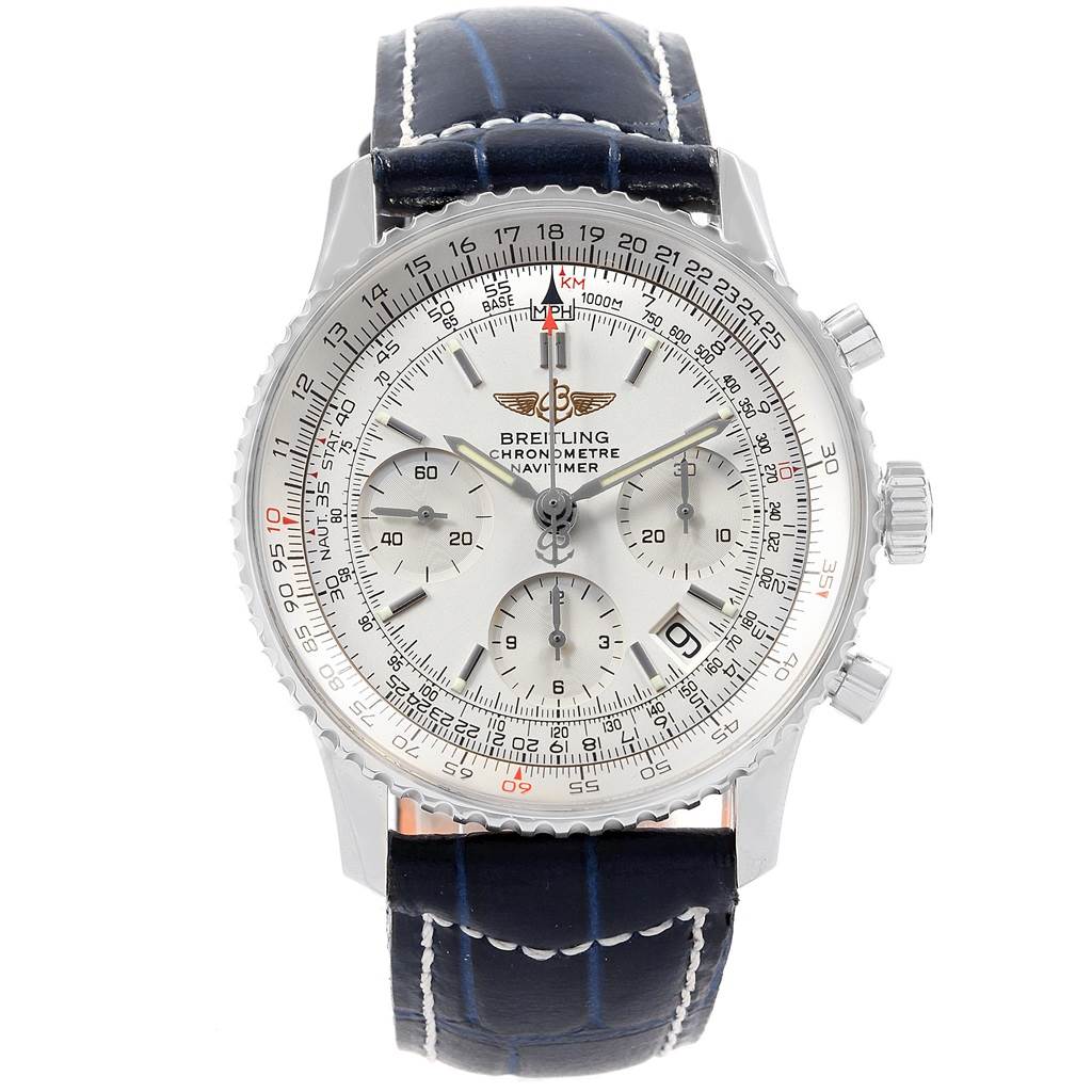 This is a front view of the Breitling Navitimer A23322 Men's Stainless Steel Silver Dial A23322 Men's Stainless Steel Silver Dial watch showing the face, subdials, crown, and leather strap.