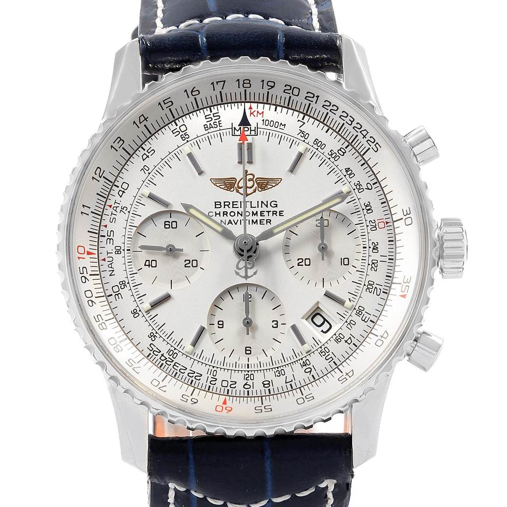 This image shows a front view of the Breitling Navitimer A23322 Men's Stainless Steel Silver Dial A23322 Men's Stainless Steel Silver Dial watch, featuring its dial, subdials, bezel, crown, and part of the strap.