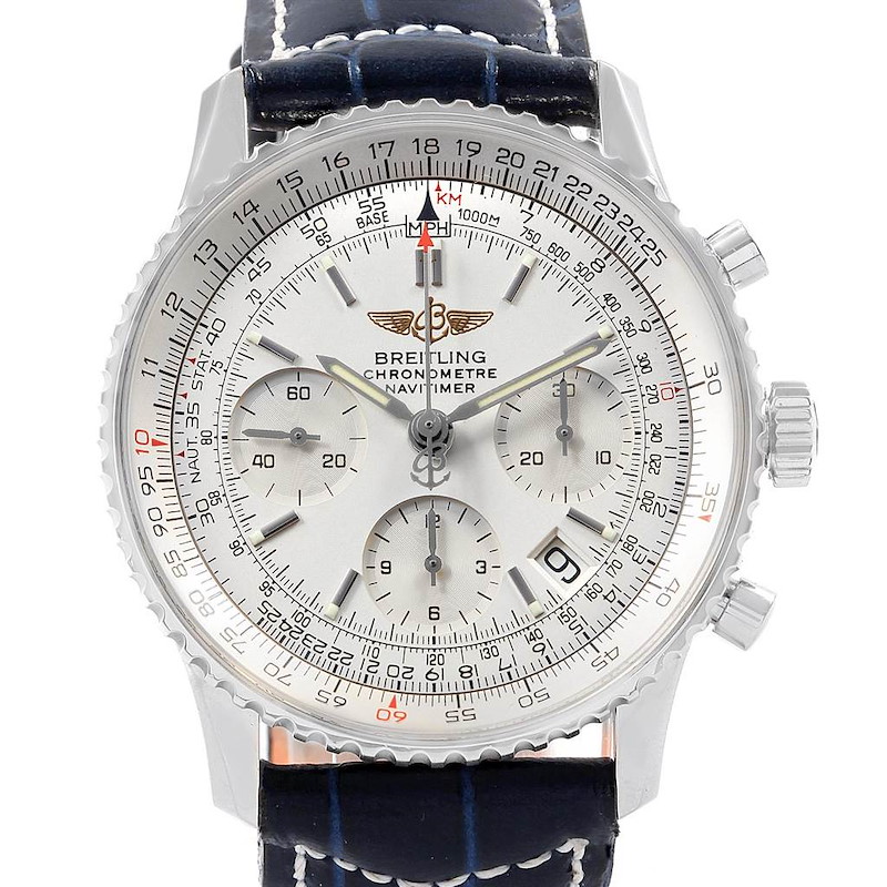 Breitling Navitimer Chrono Silver Dial Leather Strap Mens Watch A23322 SwissWatchExpo