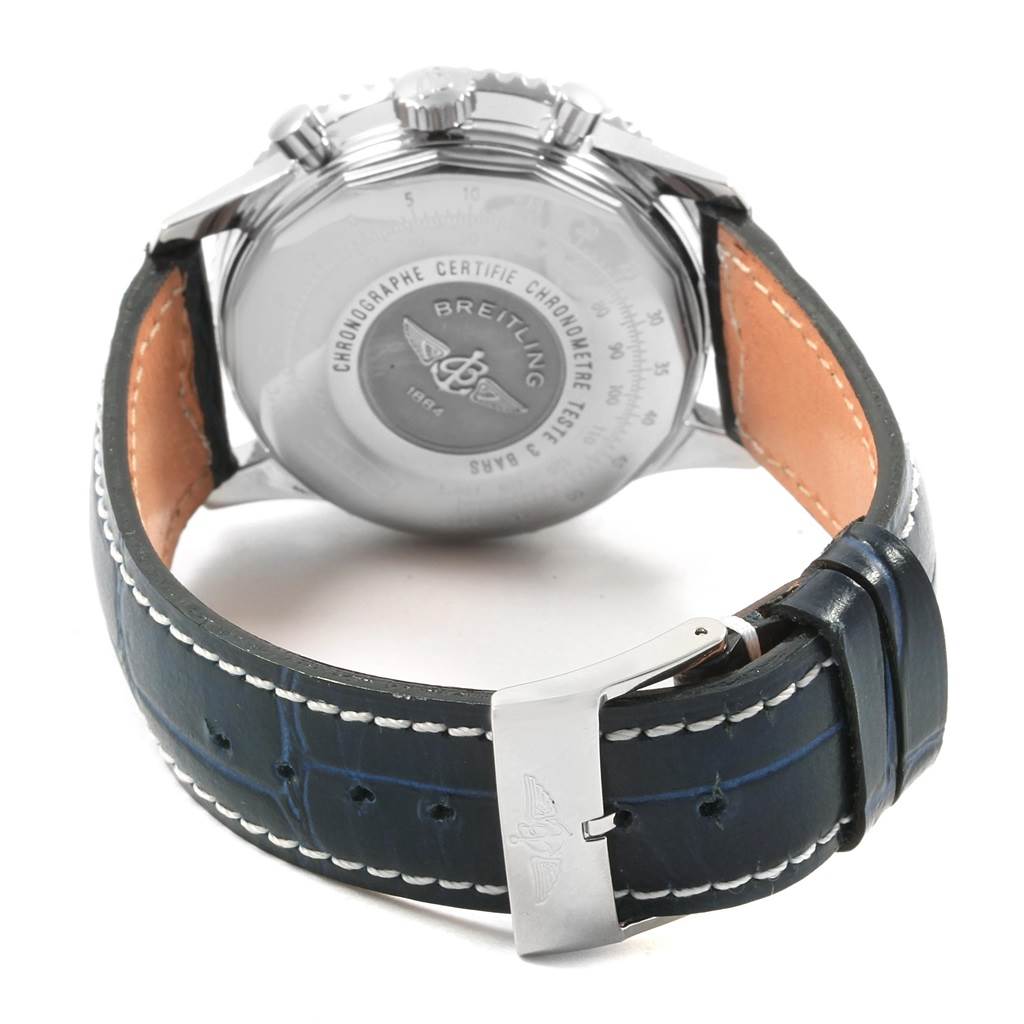 This image shows the backside and clasp of the Breitling Navitimer A23322 Men's Stainless Steel Silver Dial A23322 Men's Stainless Steel Silver Dial watch, focusing on the case back and leather strap.