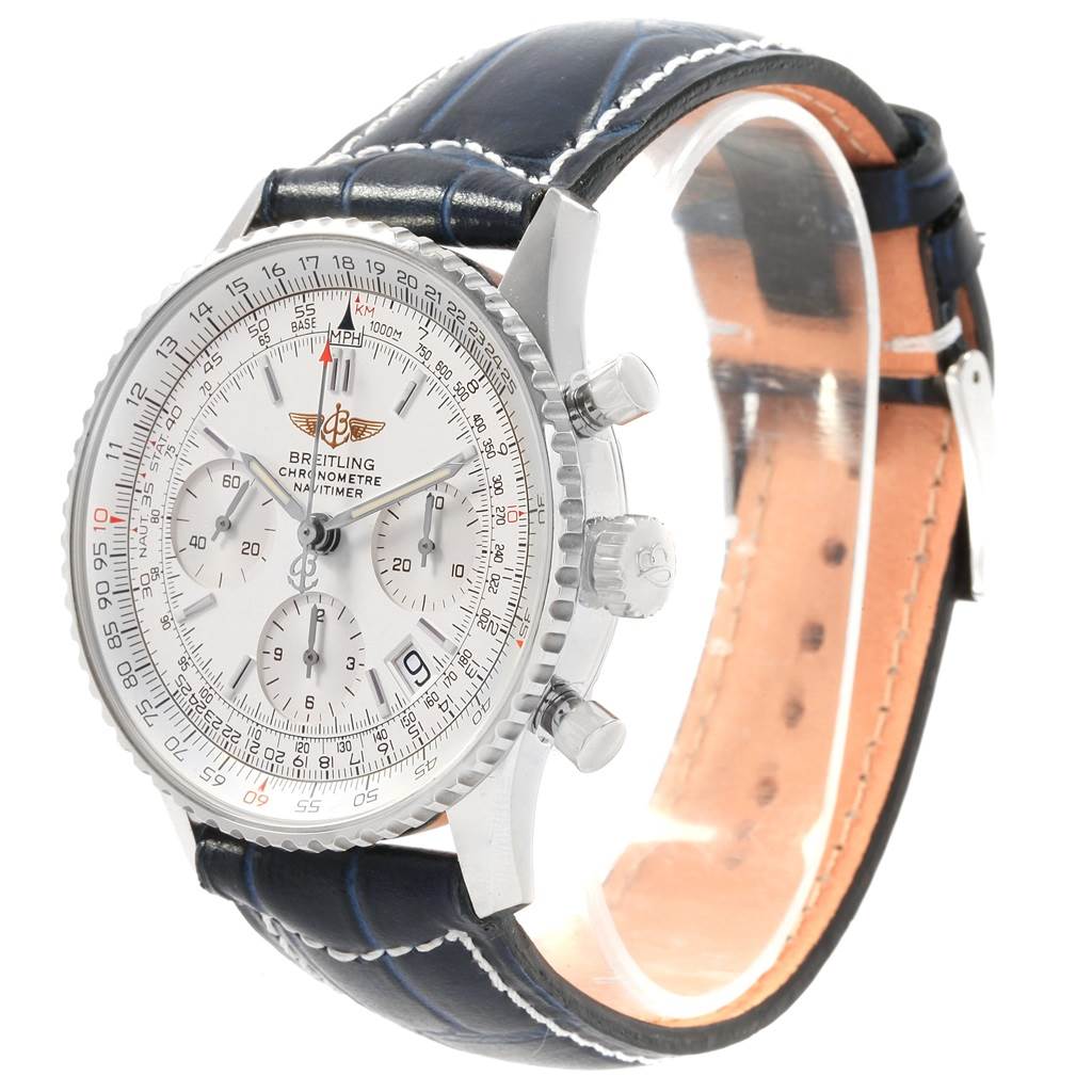 The Breitling Navitimer A23322 Men's Stainless Steel Silver Dial A23322 Men's Stainless Steel Silver Dial watch is shown at a three-quarter angle, highlighting the dial, case, pushers, and leather strap.