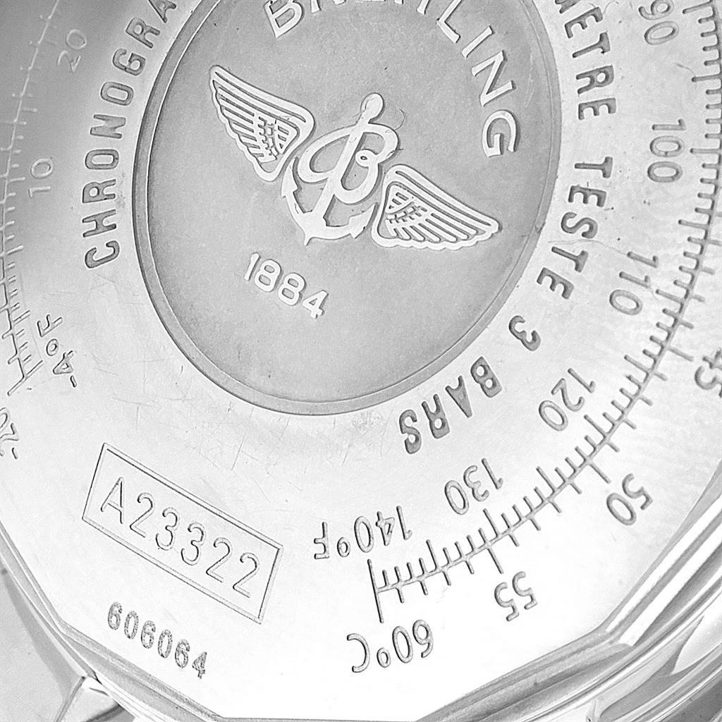 The image shows the back of a Breitling Navitimer A23322 Men's Stainless Steel Black Dial A23322 Men's Stainless Steel Black Dial watch, highlighting the engravings and model number.