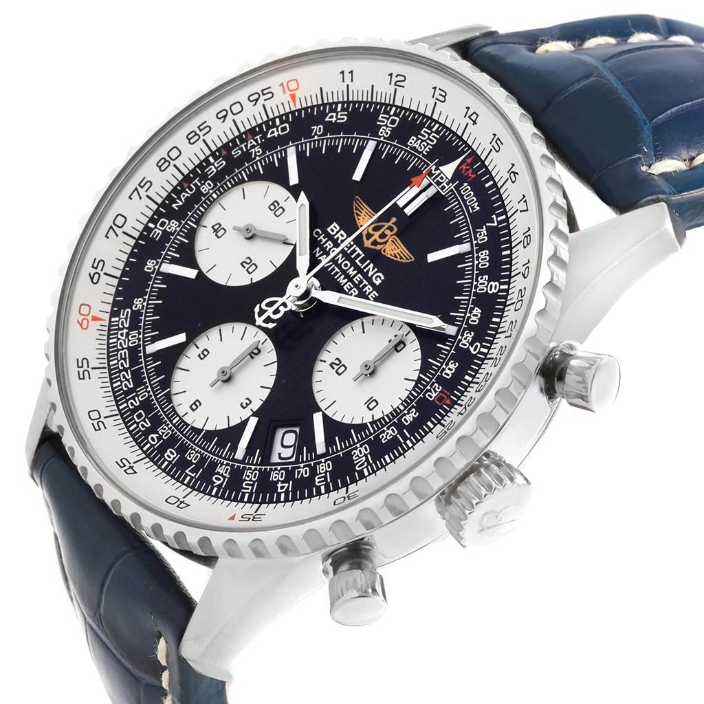 This image shows a Breitling Navitimer A23322 Men's Stainless Steel Black Dial A23322 Men's Stainless Steel Black Dial watch from a front angle, highlighting its dial, three subdials, bezel, crown, pushers, and strap.