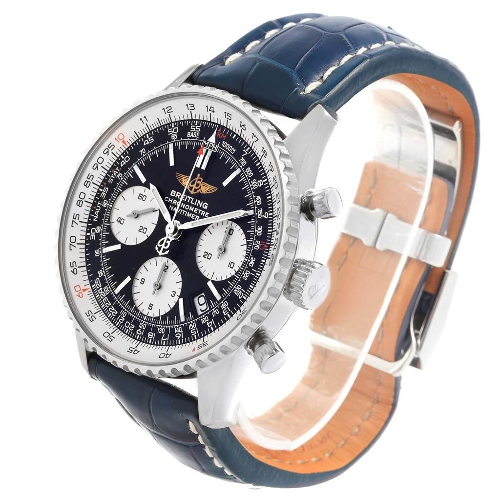 The Breitling Navitimer A23322 Men's Stainless Steel Black Dial A23322 Men's Stainless Steel Black Dial watch is displayed at an oblique angle, showing the face, chronograph dials, bezel, case, and leather strap.