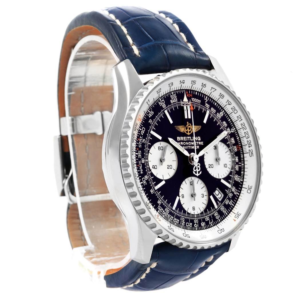 The image showcases a Breitling Navitimer A23322 Men's Stainless Steel Black Dial A23322 Men's Stainless Steel Black Dial watch at a three-quarter angle, highlighting the face, bezel, subdials, and leather strap.
