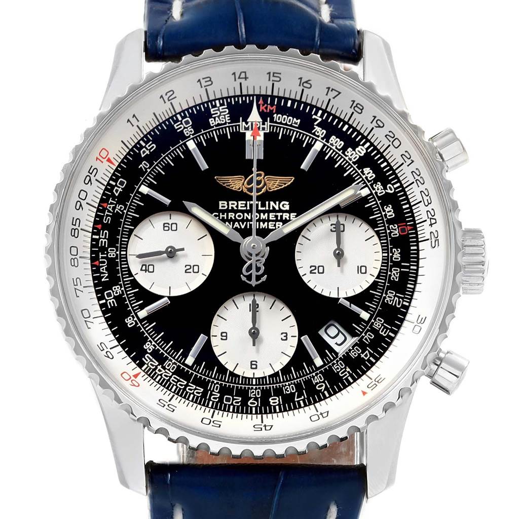 The Breitling Navitimer A23322 Men's Stainless Steel Black Dial A23322 Men's Stainless Steel Black Dial watch is shown from a front angle, displaying the face, chronographs, and blue strap.