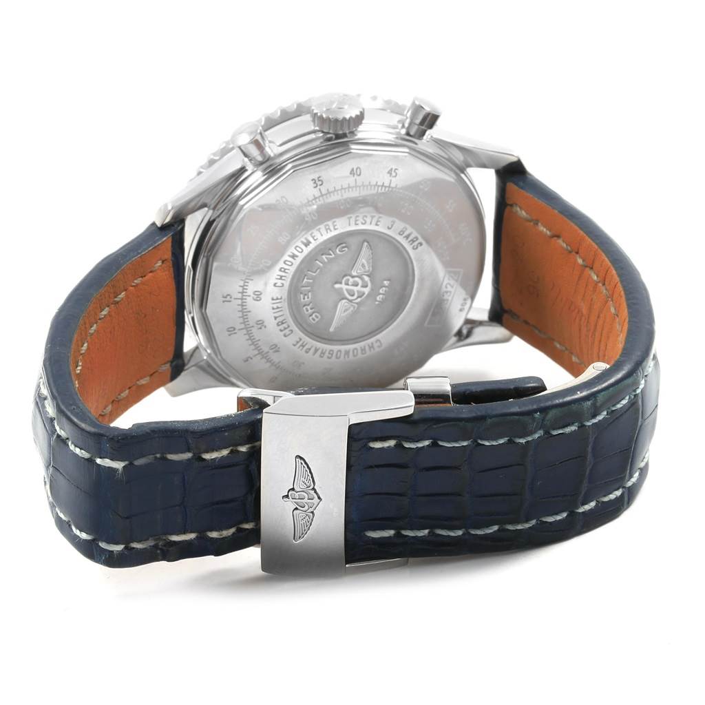 The image shows the back case and strap of a Breitling Navitimer A23322 Men's Stainless Steel Black Dial A23322 Men's Stainless Steel Black Dial watch, specifically the clasp and engraved case back.