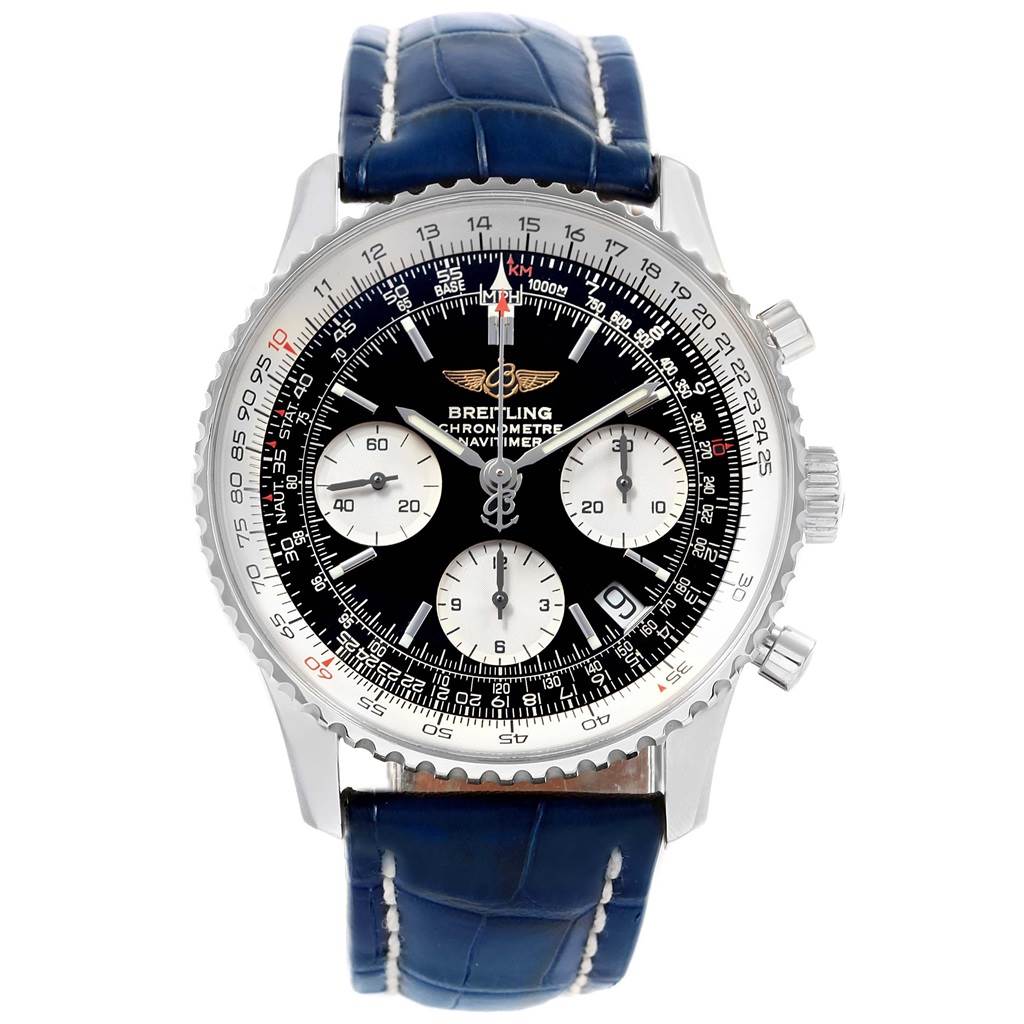 The Breitling Navitimer A23322 Men's Stainless Steel Black Dial A23322 Men's Stainless Steel Black Dial watch is shown from the front, displaying the dial, subdials, bezel, and strap.