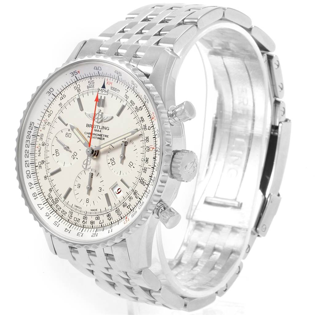 The image shows a Breitling Navitimer AB0123 Men's Stainless Steel Silver Dial AB0123 Men's Stainless Steel Silver Dial watch from a front-left angle, highlighting its dial, crown, pushers, and bracelet.