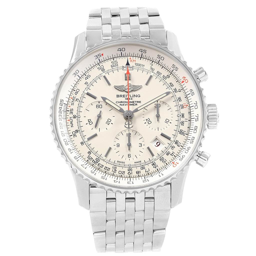 The image shows a top-down view of a Breitling Navitimer AB0123 Men's Stainless Steel Silver Dial AB0123 Men's Stainless Steel Silver Dial watch, highlighting its face, bezel, and bracelet.
