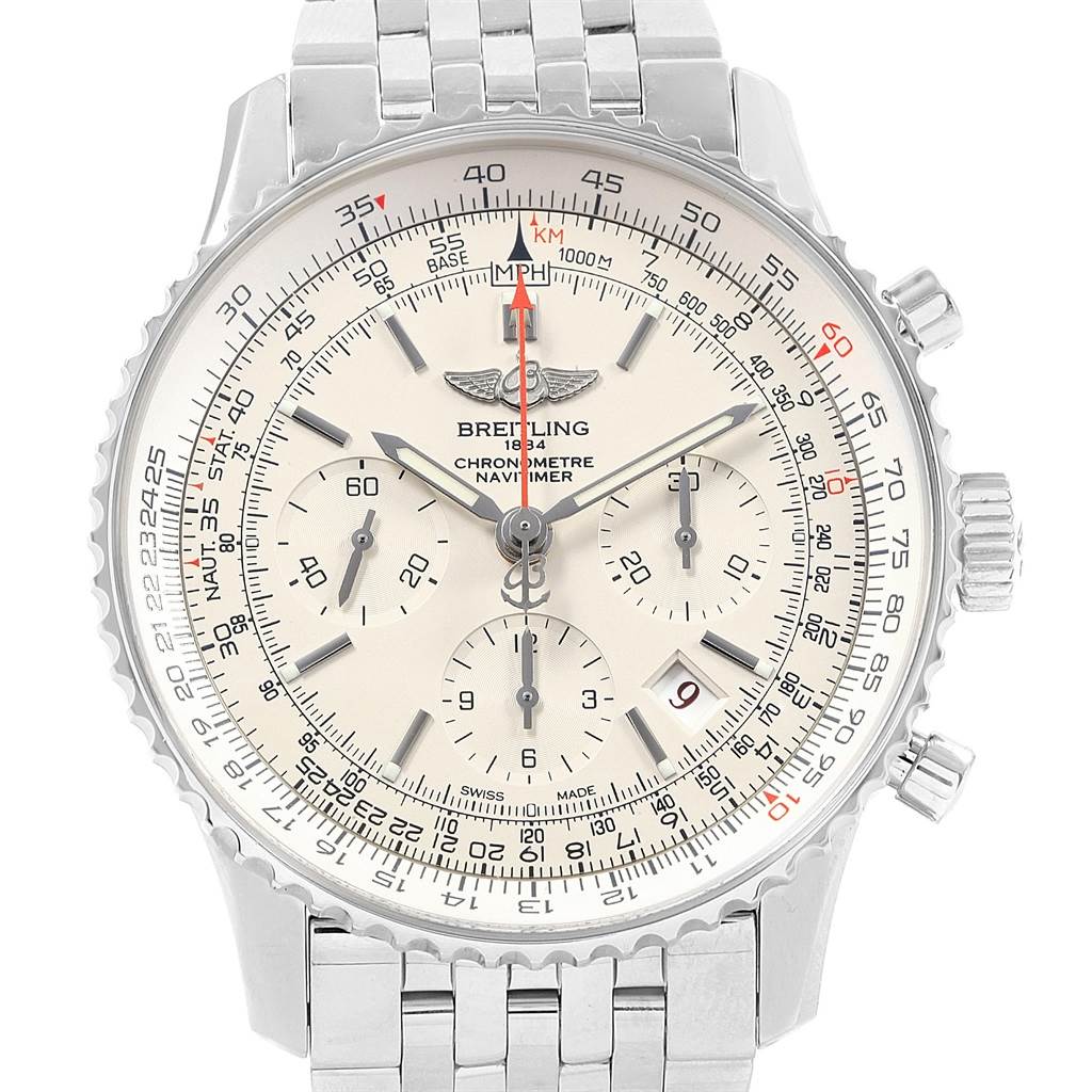 The image shows a front angle of a Breitling Navitimer AB0123 Men's Stainless Steel Silver Dial AB0123 Men's Stainless Steel Silver Dial watch, displaying the face, dial, chronograph subdials, and metal bracelet.