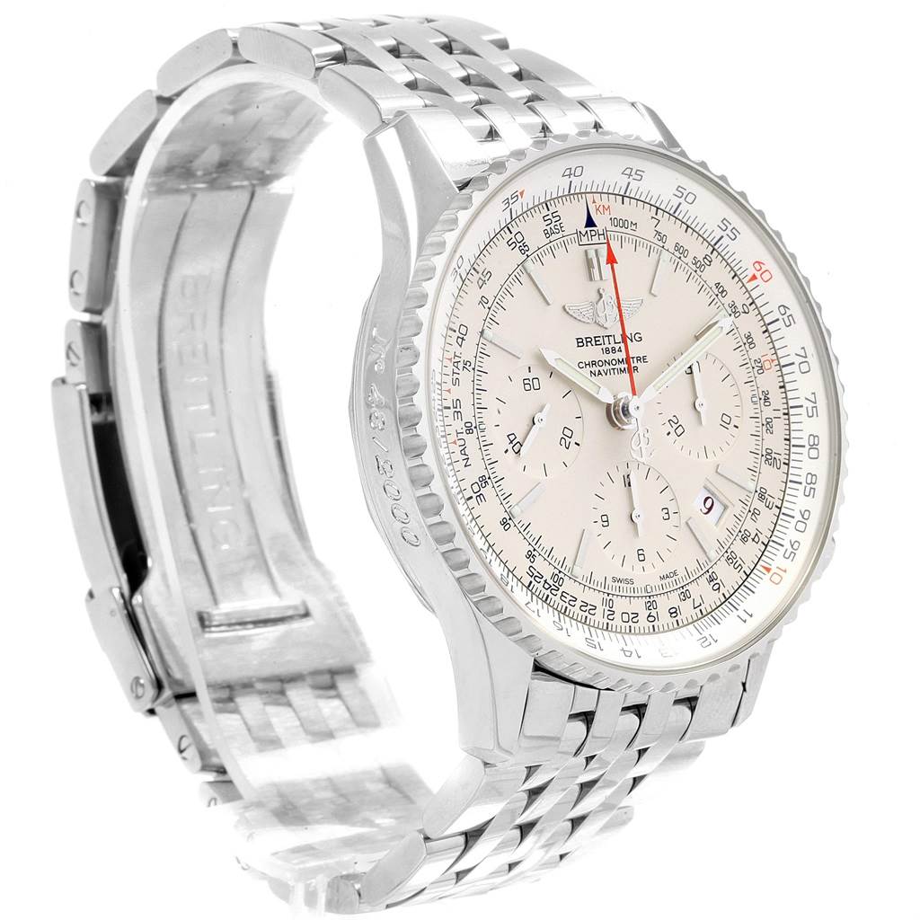 The image shows a Breitling Navitimer AB0123 Men's Stainless Steel Silver Dial AB0123 Men's Stainless Steel Silver Dial watch at a three-quarter angle, displaying the dial, bezel, and part of the metal bracelet.