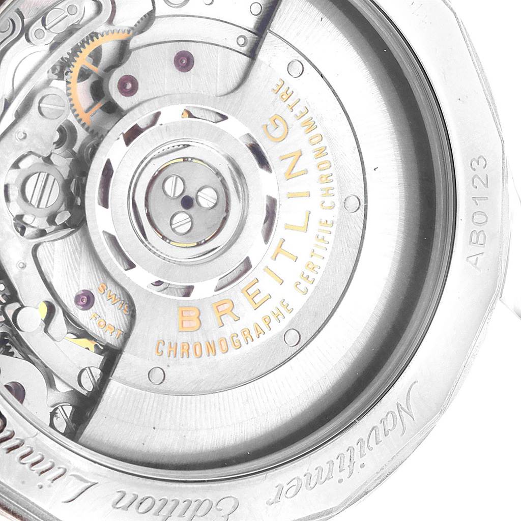 The image shows a close-up view of the movement mechanism of a Breitling Navitimer AB0123 Men's Stainless Steel Silver Dial AB0123 Men's Stainless Steel Silver Dial watch from the back.