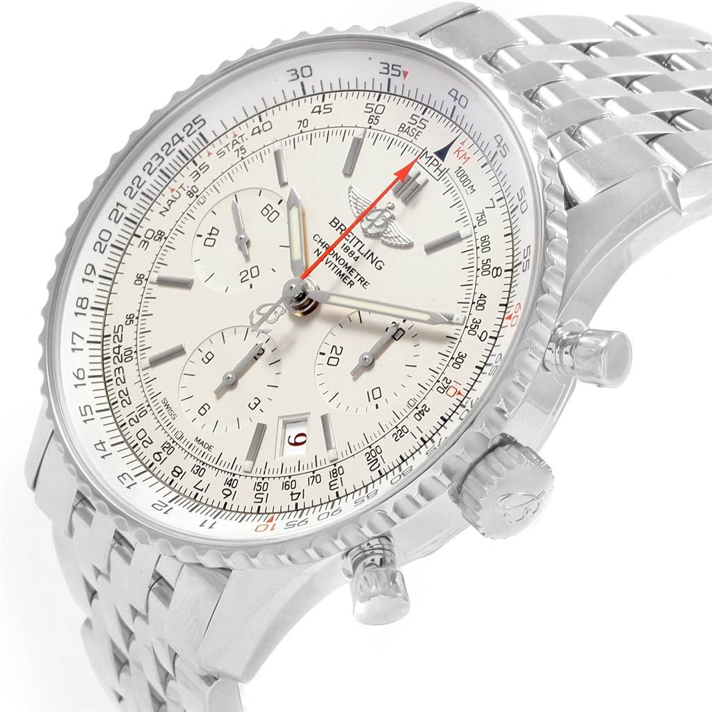 The Breitling Navitimer AB0123 Men's Stainless Steel Silver Dial AB0123 Men's Stainless Steel Silver Dial watch is shown from an angled close-up, highlighting the face, chronograph dials, crown, and stainless steel bracelet.