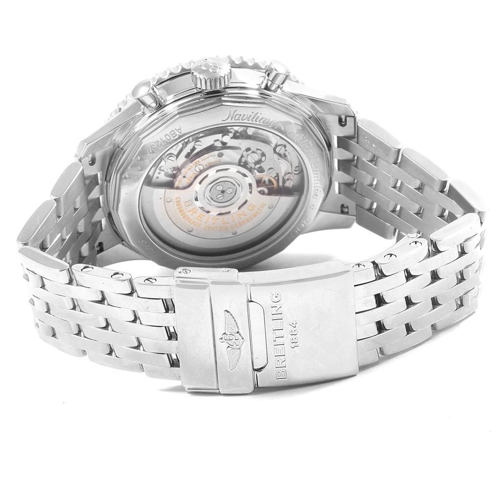 The image shows the back view of a Breitling Navitimer AB0123 Men's Stainless Steel Silver Dial AB0123 Men's Stainless Steel Silver Dial watch, focusing on its exhibition case back and stainless steel bracelet with a branded clasp.