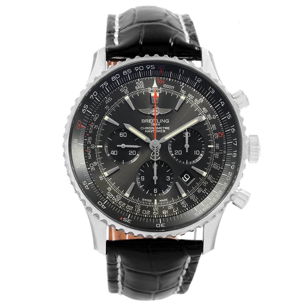 The image shows a front view of a Breitling Navitimer AB0127 Men's Stainless Steel Grey Dial AB0127 Men's Stainless Steel Grey Dial wristwatch, highlighting its dial, bezel, and leather strap.