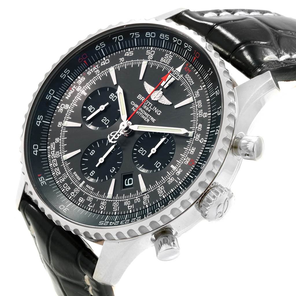 The image shows a Breitling Navitimer AB0127 Men's Stainless Steel Grey Dial AB0127 Men's Stainless Steel Grey Dial watch at an angle highlighting the dial, chronograph subdials, bezel, and part of the strap.