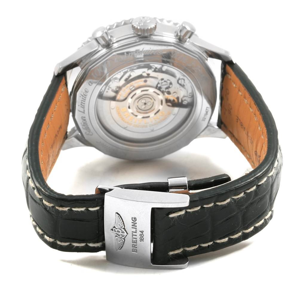 The image shows the back of a Breitling Navitimer AB0127 Men's Stainless Steel Grey Dial AB0127 Men's Stainless Steel Grey Dial watch, highlighting the automatic movement and leather strap.