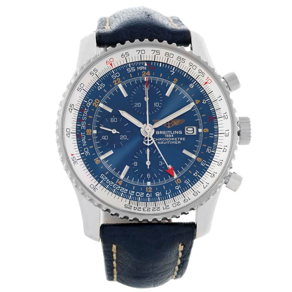 The image shows a front angle of a Breitling Navitimer A24322 Men's Stainless Steel Blue Dial A24322 Men's Stainless Steel Blue Dial watch displaying its dial, bezel, and leather strap.