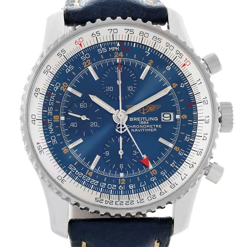 Breitling Navitimer World GMT Steel Blue Dial Watch A24322 Box Papers SwissWatchExpo