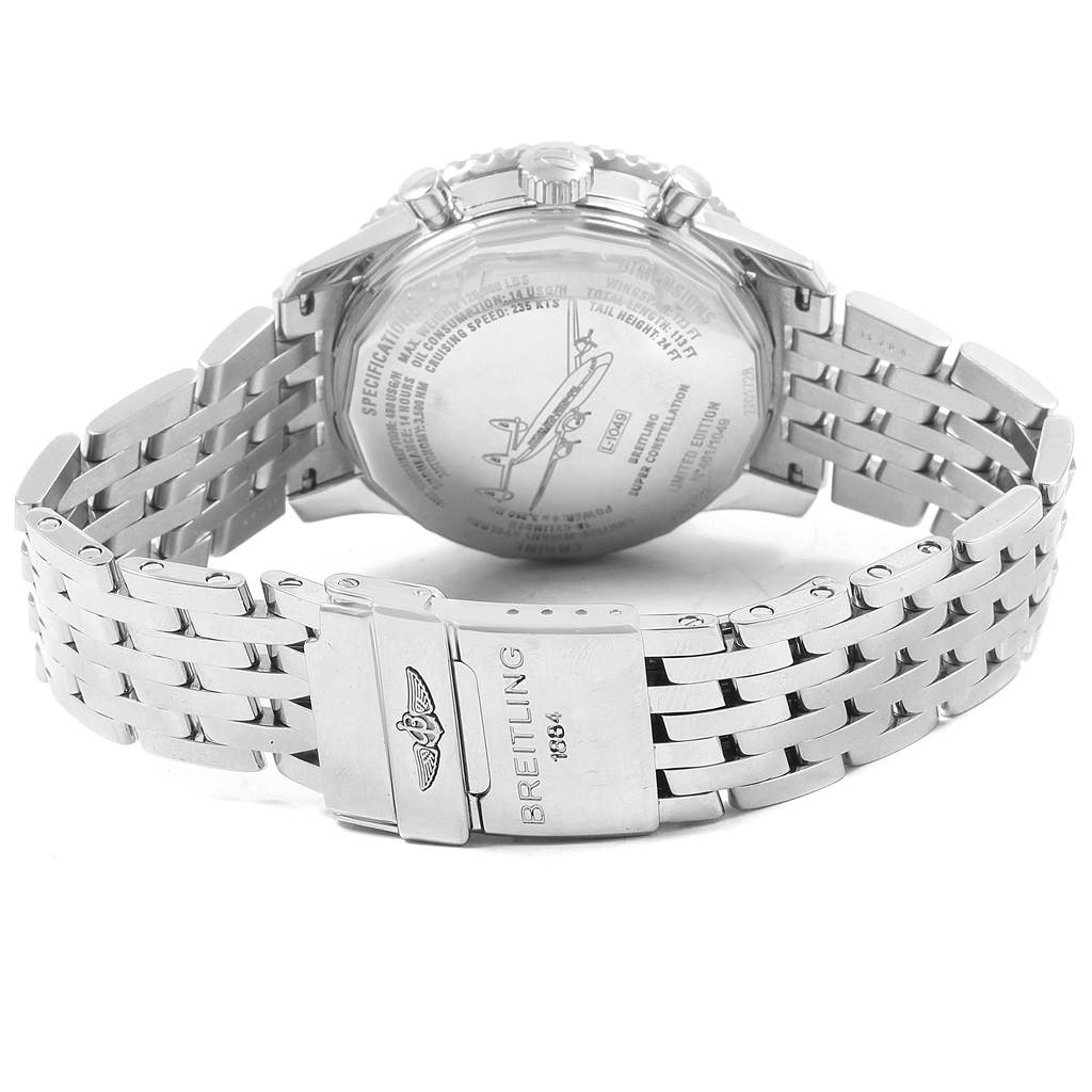 This image shows the back view of a Breitling Navitimer A23322 Men
s Stainless Steel Black Dial A23322 Men
s Stainless Steel Black Dial watch, highlighting its stainless steel bracelet and clasp.