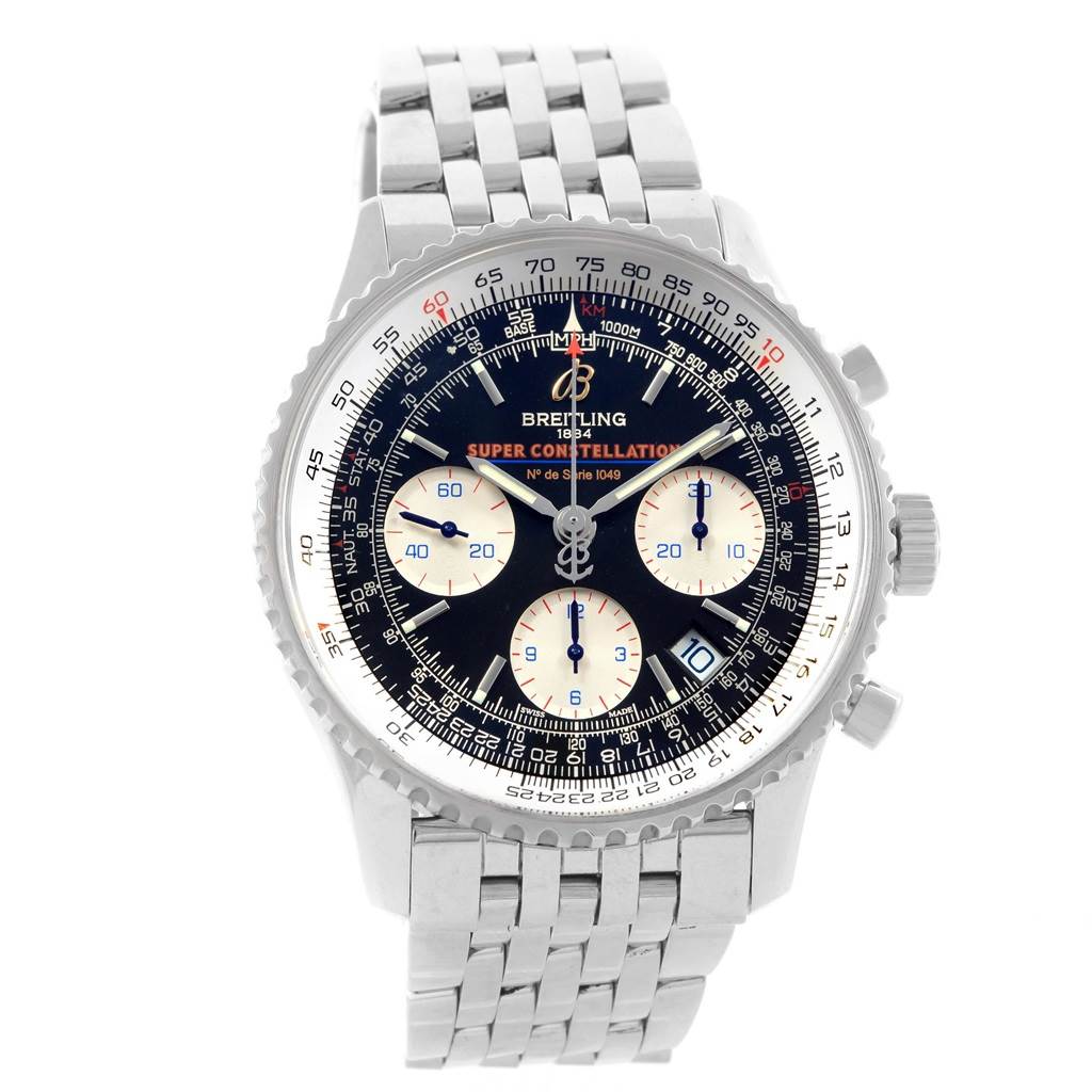 The image shows a frontal view of a Breitling Navitimer A23322 Men
s Stainless Steel Black Dial A23322 Men
s Stainless Steel Black Dial watch, highlighting its dial, bezel, and metal bracelet.