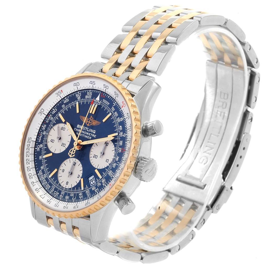 The image shows a Breitling Navitimer D23322 Men's Stainless Steel Blue Dial D23322 Men's Stainless Steel Blue Dial watch from a slightly angled side, displaying the dial, bezel, crown, pushers, and bracelet.