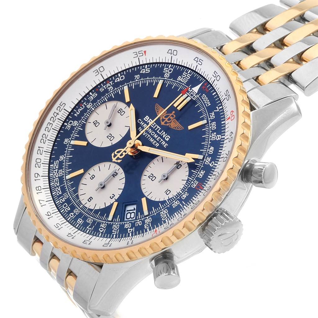 The image shows a Breitling Navitimer D23322 Men's Stainless Steel Blue Dial D23322 Men's Stainless Steel Blue Dial watch angled from the right side, displaying its face, chronograph buttons, and part of the bracelet.