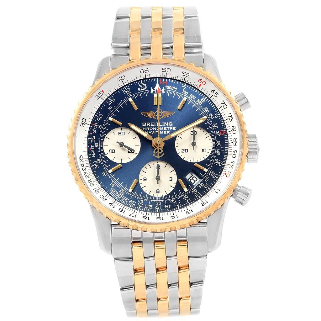 The image shows a front view of a Breitling Navitimer D23322 Men's Stainless Steel Blue Dial D23322 Men's Stainless Steel Blue Dial watch with a gold and silver two-tone bracelet and a blue dial.
