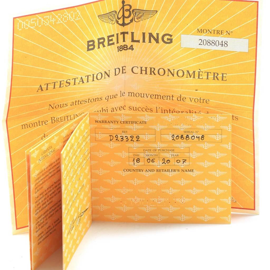 The image shows warranty and certification papers for a Breitling Navitimer D23322 Men's Stainless Steel Blue Dial D23322 Men's Stainless Steel Blue Dial watch, featuring the watch's reference and serial numbers.