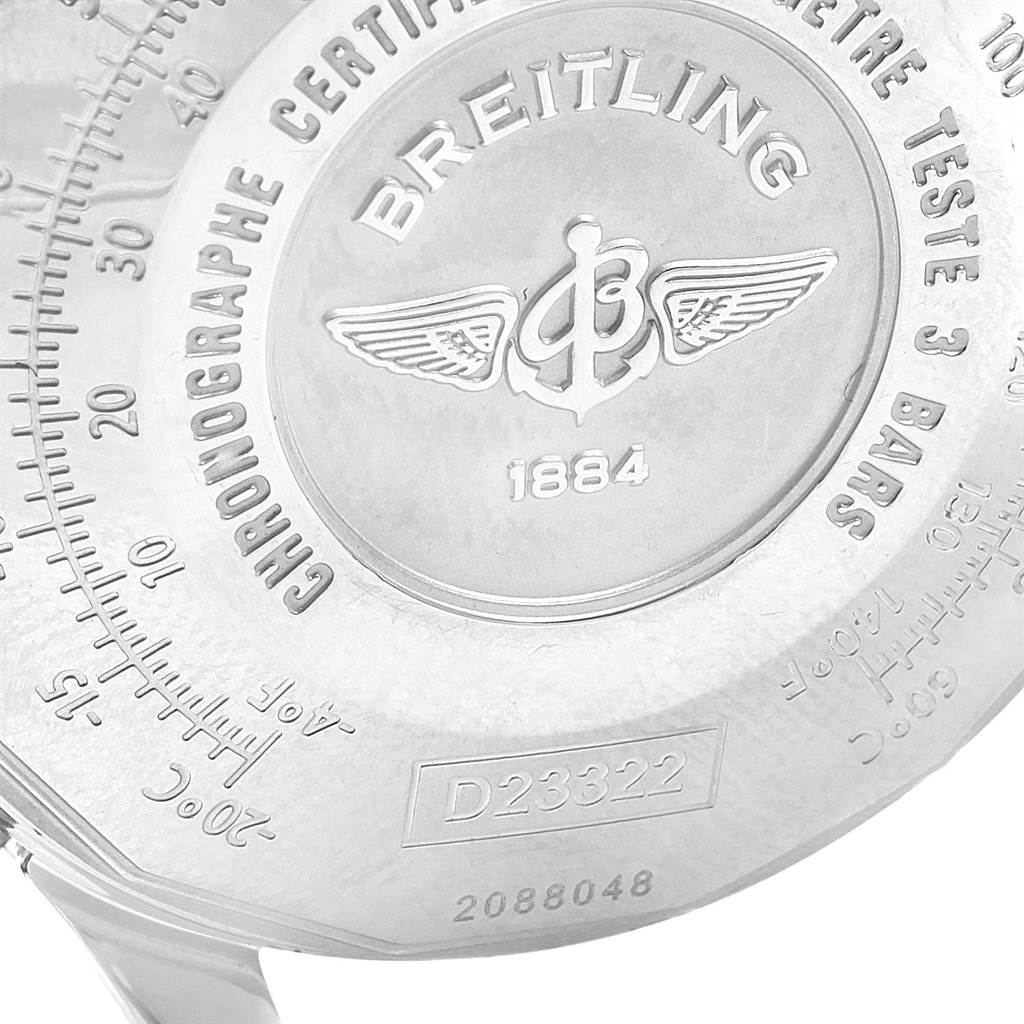 This is the back of a Breitling Navitimer D23322 Men's Stainless Steel Blue Dial D23322 Men's Stainless Steel Blue Dial watch, showing engravings with the brand logo, model number, and other markings.