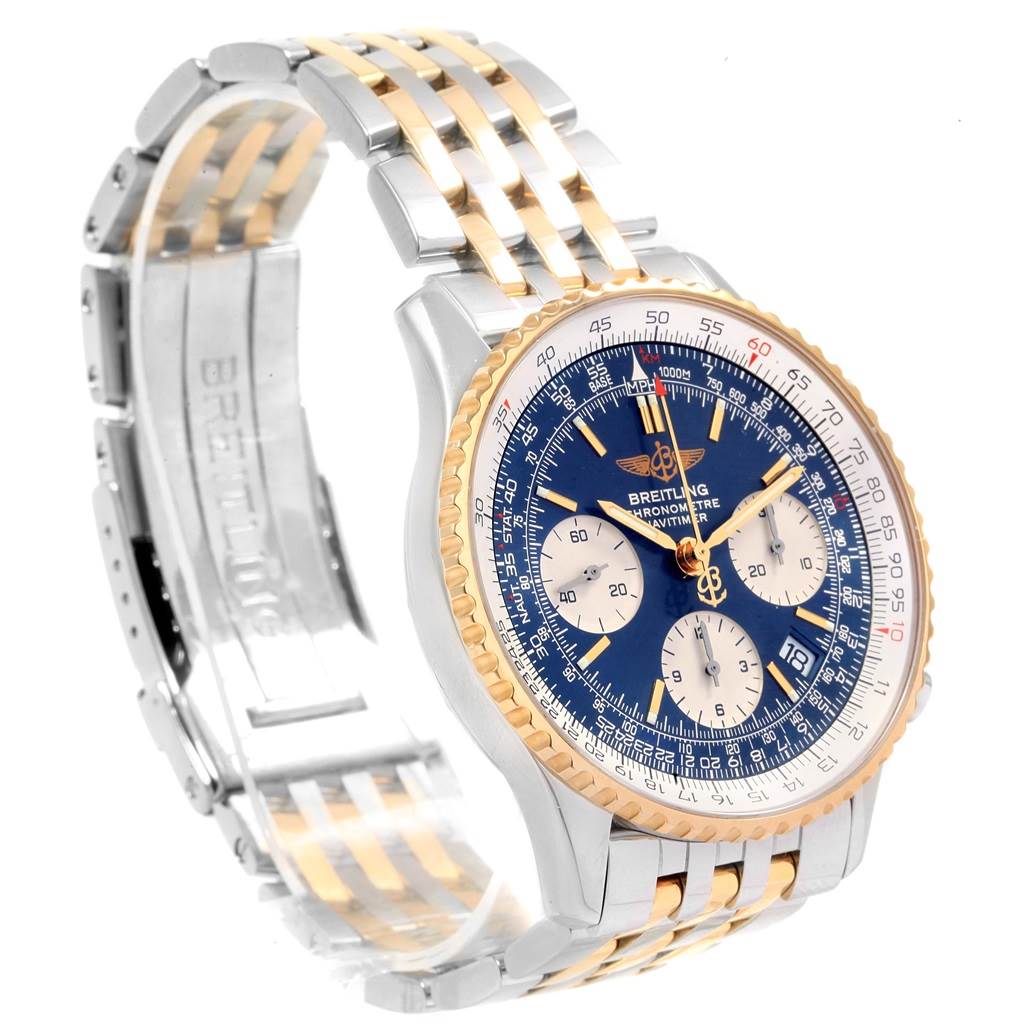 The image shows a Breitling Navitimer D23322 Men's Stainless Steel Blue Dial D23322 Men's Stainless Steel Blue Dial watch at a three-quarters angle, highlighting the face, bezel, and bracelet.