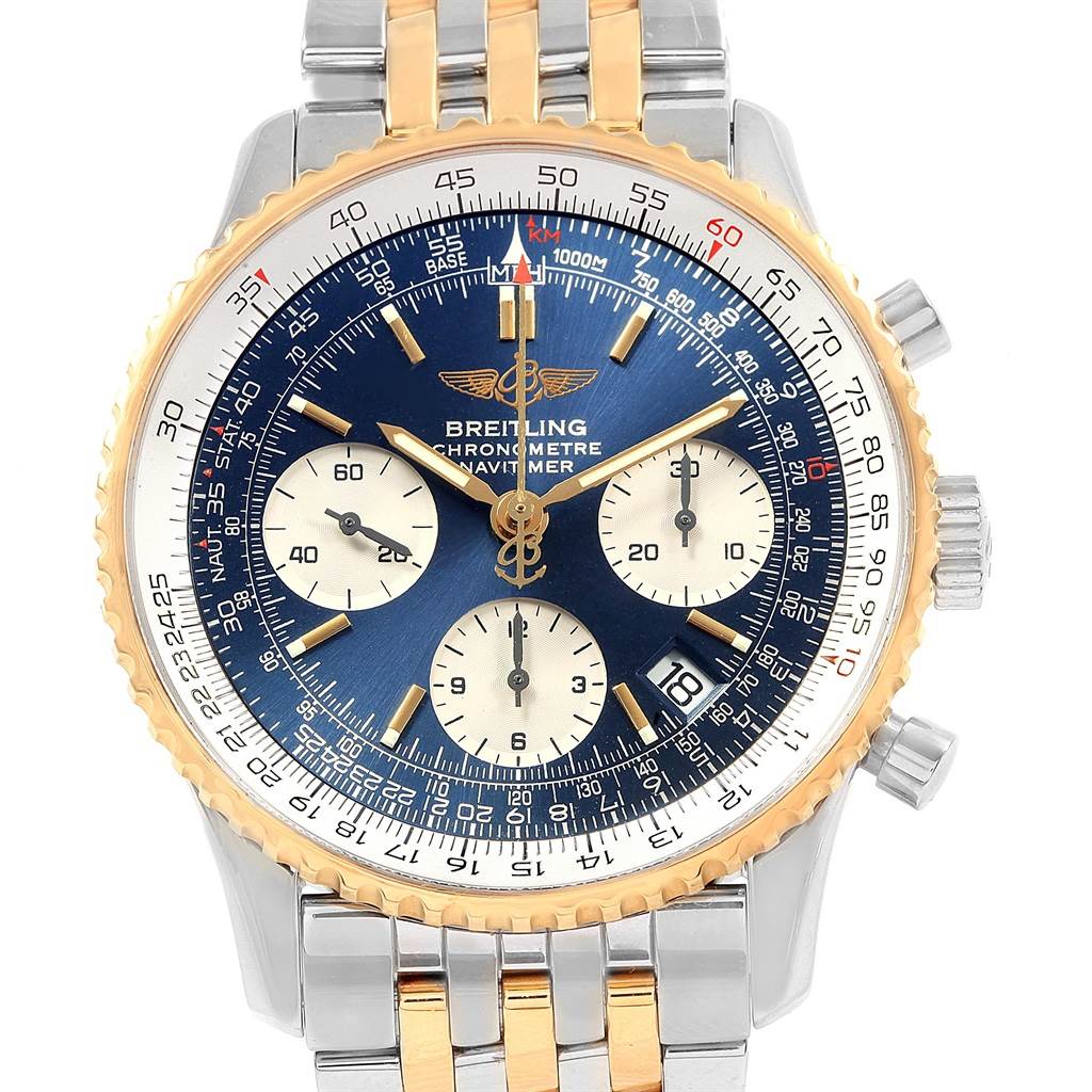 This is a frontal view of the Breitling Navitimer D23322 Men's Stainless Steel Blue Dial D23322 Men's Stainless Steel Blue Dial watch, showcasing the dial, chronographs, bezel, and two-tone bracelet.