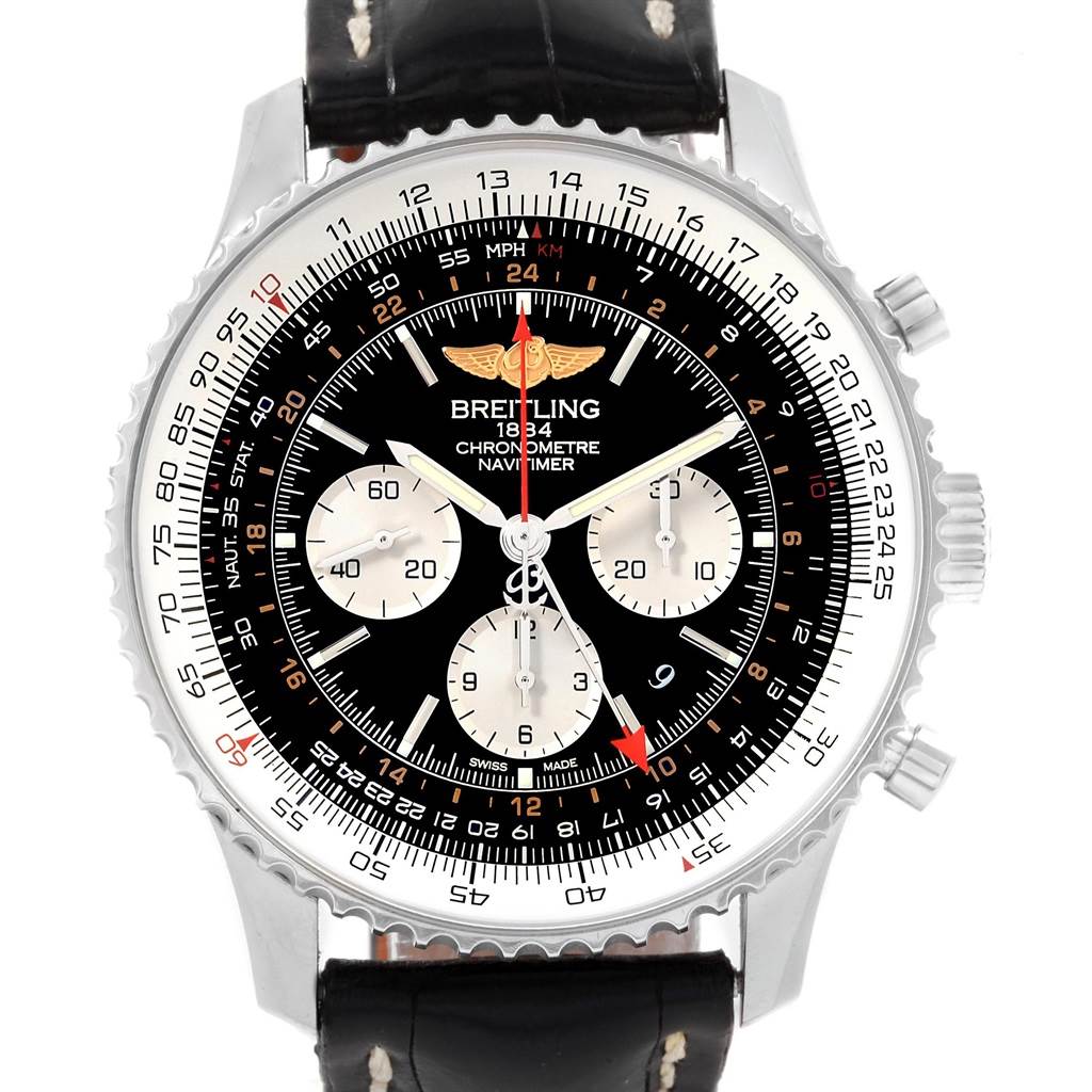 This image shows a frontal view of the Breitling Navitimer AB044121-BD24-442X-A20D.1 Men's Stainless Steel Black Dial AB044121-BD24-442X-A20D.1 Men's Stainless Steel Black Dial watch, highlighting its black dial, chronograph subdials, and slide rule bezel.