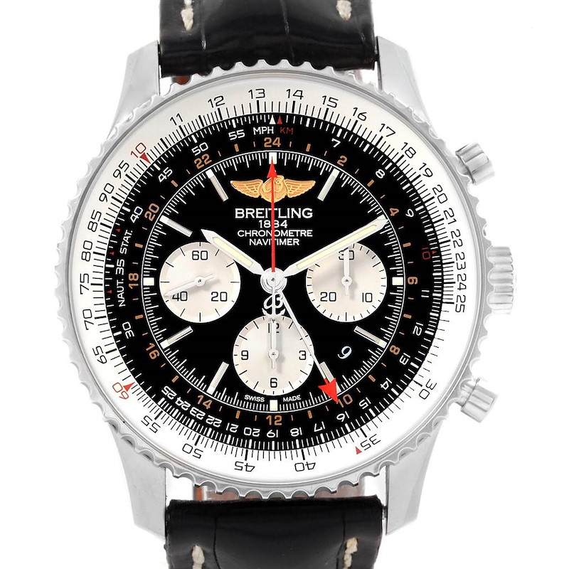 Breitling Navitimer GMT 48 Black Dial Leather Strap Mens Watch AB0441 SwissWatchExpo