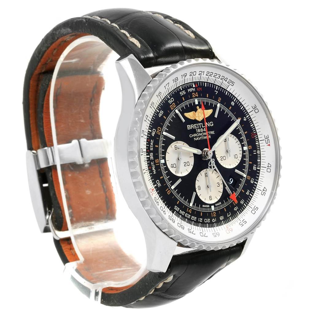 This image shows a Breitling Navitimer AB044121-BD24-442X-A20D.1 Men's Stainless Steel Black Dial AB044121-BD24-442X-A20D.1 Men's Stainless Steel Black Dial watch at a three-quarter angle, highlighting the dial, bezel, and leather strap.