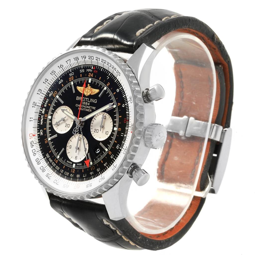 The image shows a Breitling Navitimer AB044121-BD24-442X-A20D.1 Men's Stainless Steel Black Dial AB044121-BD24-442X-A20D.1 Men's Stainless Steel Black Dial watch, captured at an oblique angle, displaying the face, bezel, crown, pushers, and leather strap.