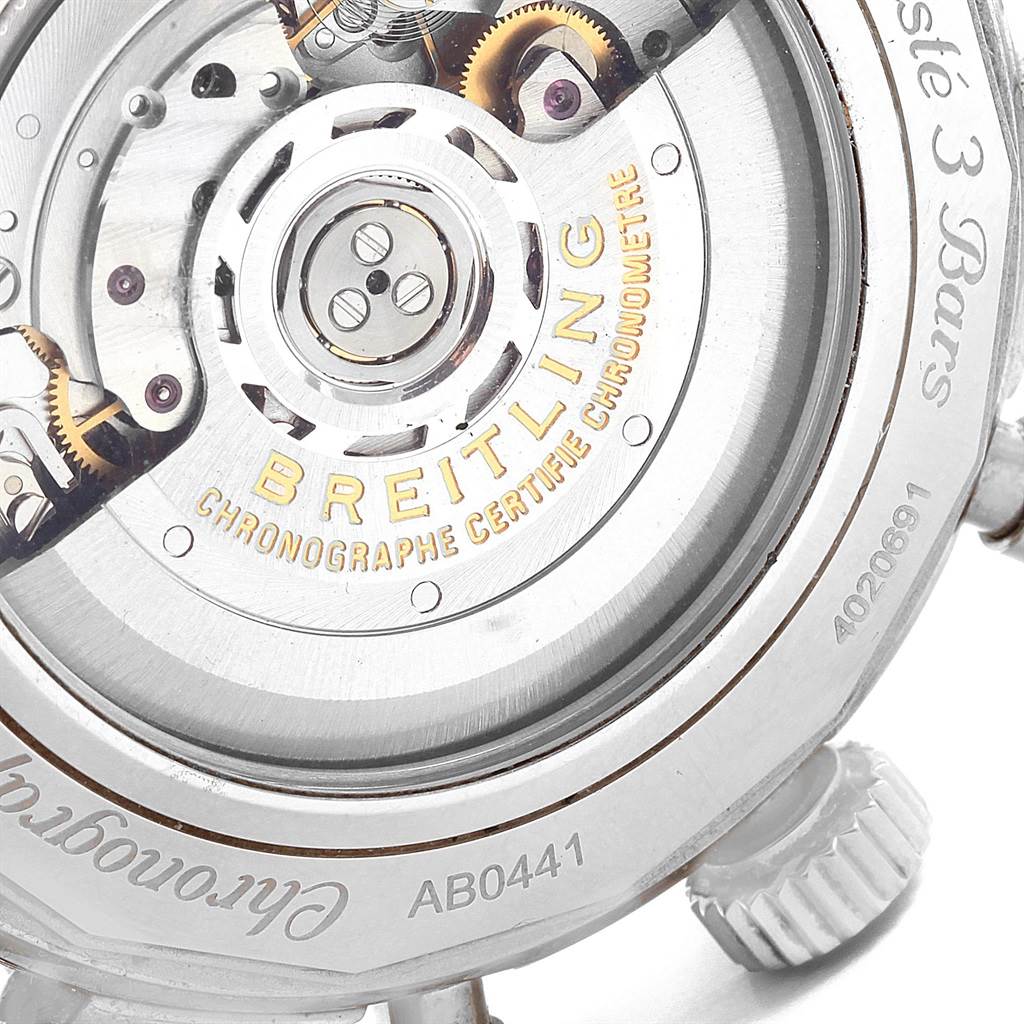 The image shows the back of a Breitling Navitimer AB044121-BD24-442X-A20D.1 Men's Stainless Steel Black Dial AB044121-BD24-442X-A20D.1 Men's Stainless Steel Black Dial watch, highlighting its exposed movement and engraved details.