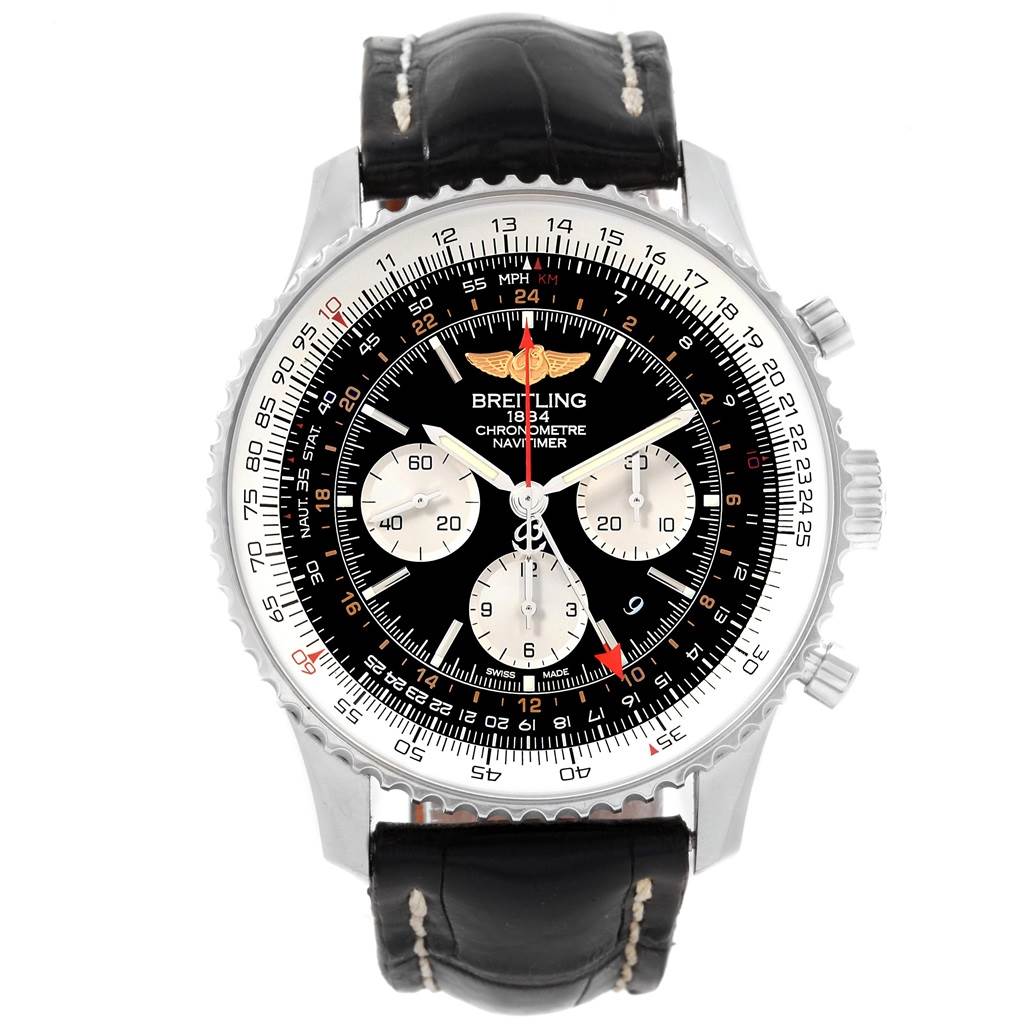 The Breitling Navitimer AB044121-BD24-442X-A20D.1 Men's Stainless Steel Black Dial AB044121-BD24-442X-A20D.1 Men's Stainless Steel Black Dial watch is shown from a front angle, displaying its black dial, three subdials, and black leather strap.