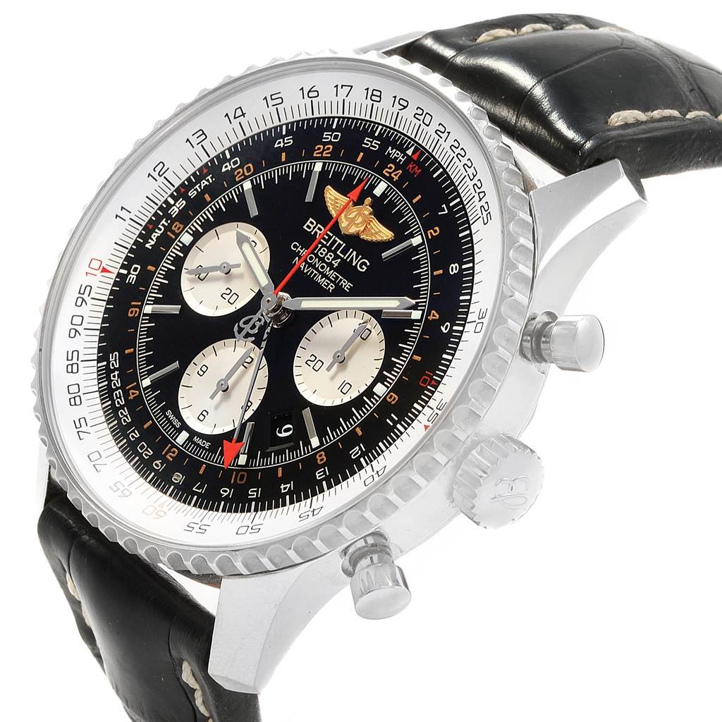 The image shows a Breitling Navitimer AB044121-BD24-442X-A20D.1 Men's Stainless Steel Black Dial AB044121-BD24-442X-A20D.1 Men's Stainless Steel Black Dial watch at an angle, displaying the face, bezel, crown, and pushers.