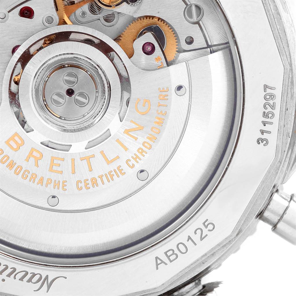 This image shows the internal mechanism and back case of a Breitling Navitimer AB0125 Men's Stainless Steel Blue Dial AB0125 Men's Stainless Steel Blue Dial watch.