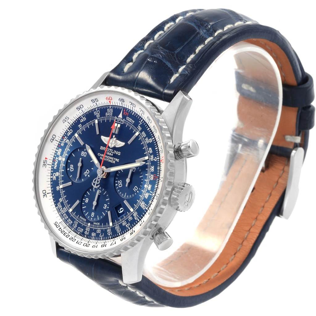 The image shows a Breitling Navitimer AB0125 Men's Stainless Steel Blue Dial AB0125 Men's Stainless Steel Blue Dial watch from an angled side view, highlighting its blue dial, stainless steel case, and leather strap.