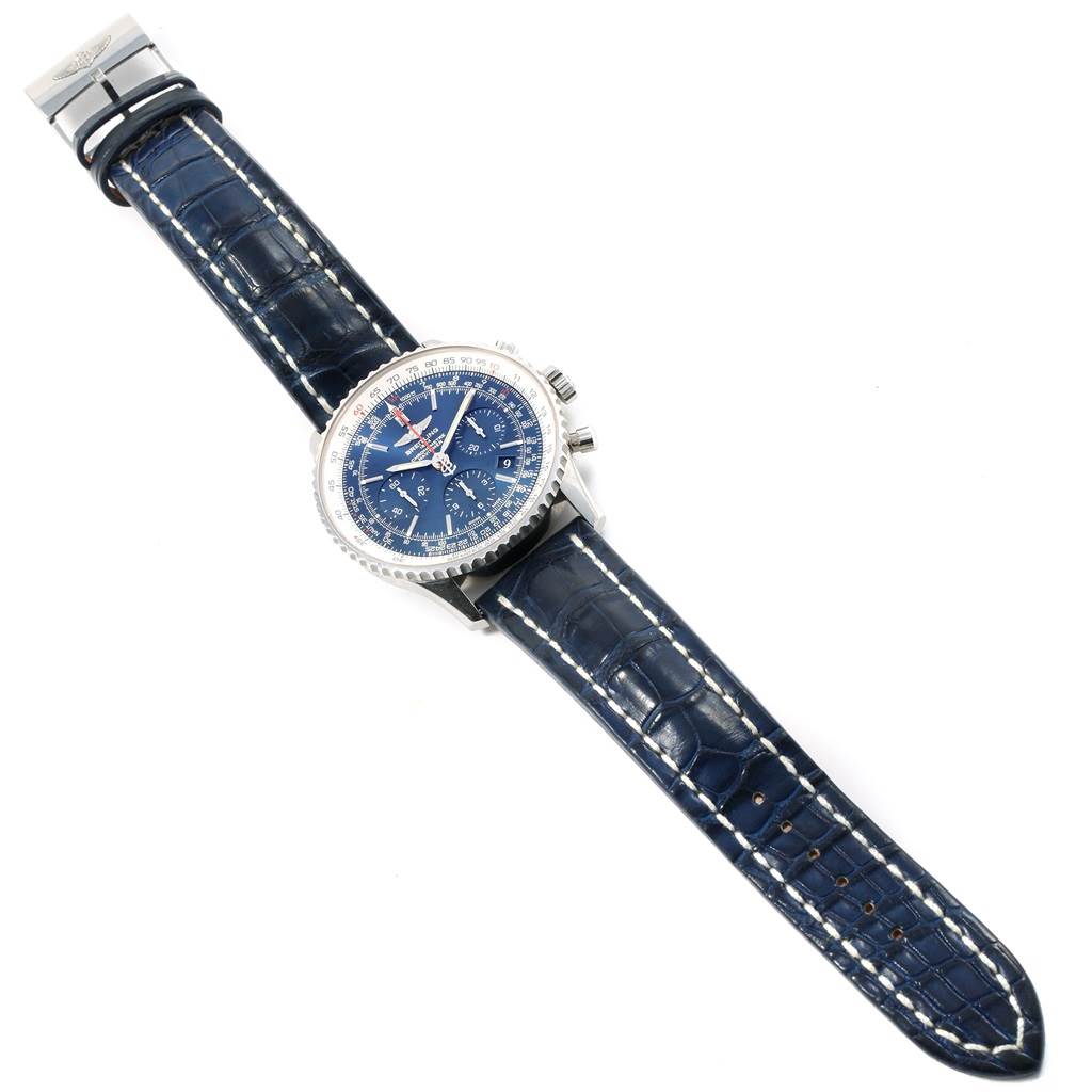The Breitling Navitimer AB0125 Men's Stainless Steel Blue Dial AB0125 Men's Stainless Steel Blue Dial watch is shown from a top angle, displaying the dial, case, and blue leather strap.