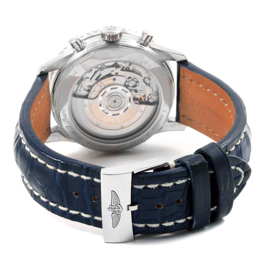The image shows the back view of the Breitling Navitimer AB0125 Men's Stainless Steel Blue Dial AB0125 Men's Stainless Steel Blue Dial watch, highlighting the automatic movement and the blue leather strap with buckle.