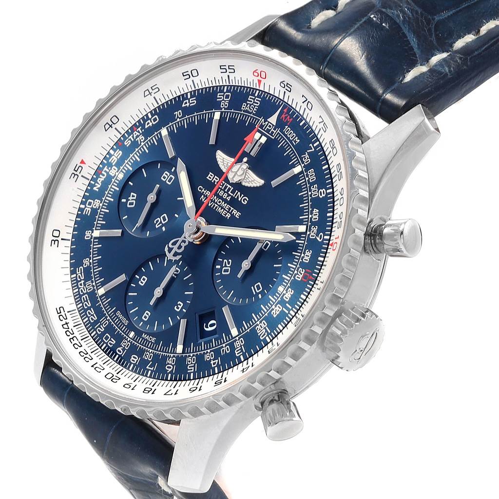The image displays a Breitling Navitimer AB0125 Men's Stainless Steel Blue Dial AB0125 Men's Stainless Steel Blue Dial watch from a three-quarter angle, showcasing the face, bezel, crown, and chronograph buttons.