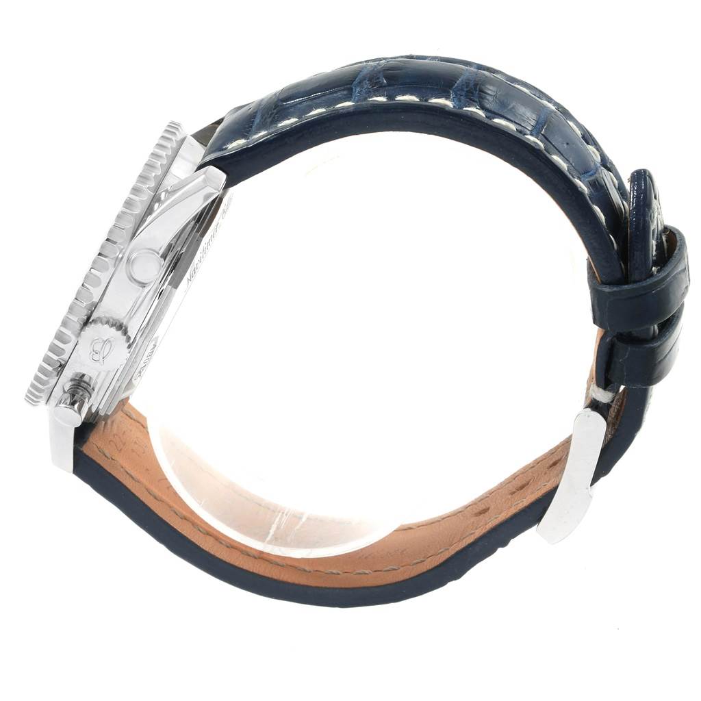 The image shows a side view of a Breitling Navitimer AB0125 Men's Stainless Steel Blue Dial AB0125 Men's Stainless Steel Blue Dial watch, highlighting its case, bezel, crown, and blue leather strap.