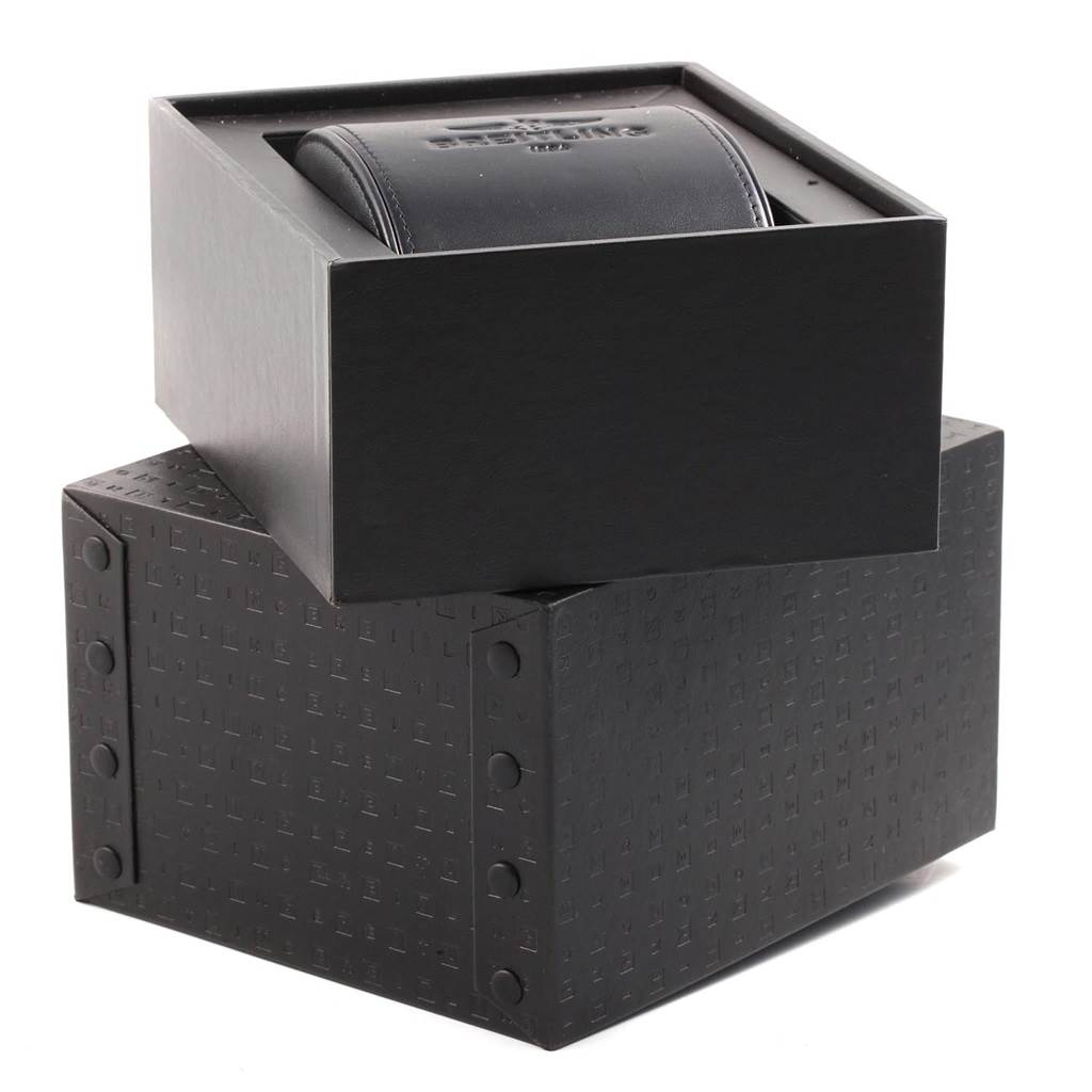 The image shows the black packaging box and cushioned case for a Breitling Navitimer AB0125 Men's Stainless Steel Blue Dial AB0125 Men's Stainless Steel Blue Dial watch from an angled side view.