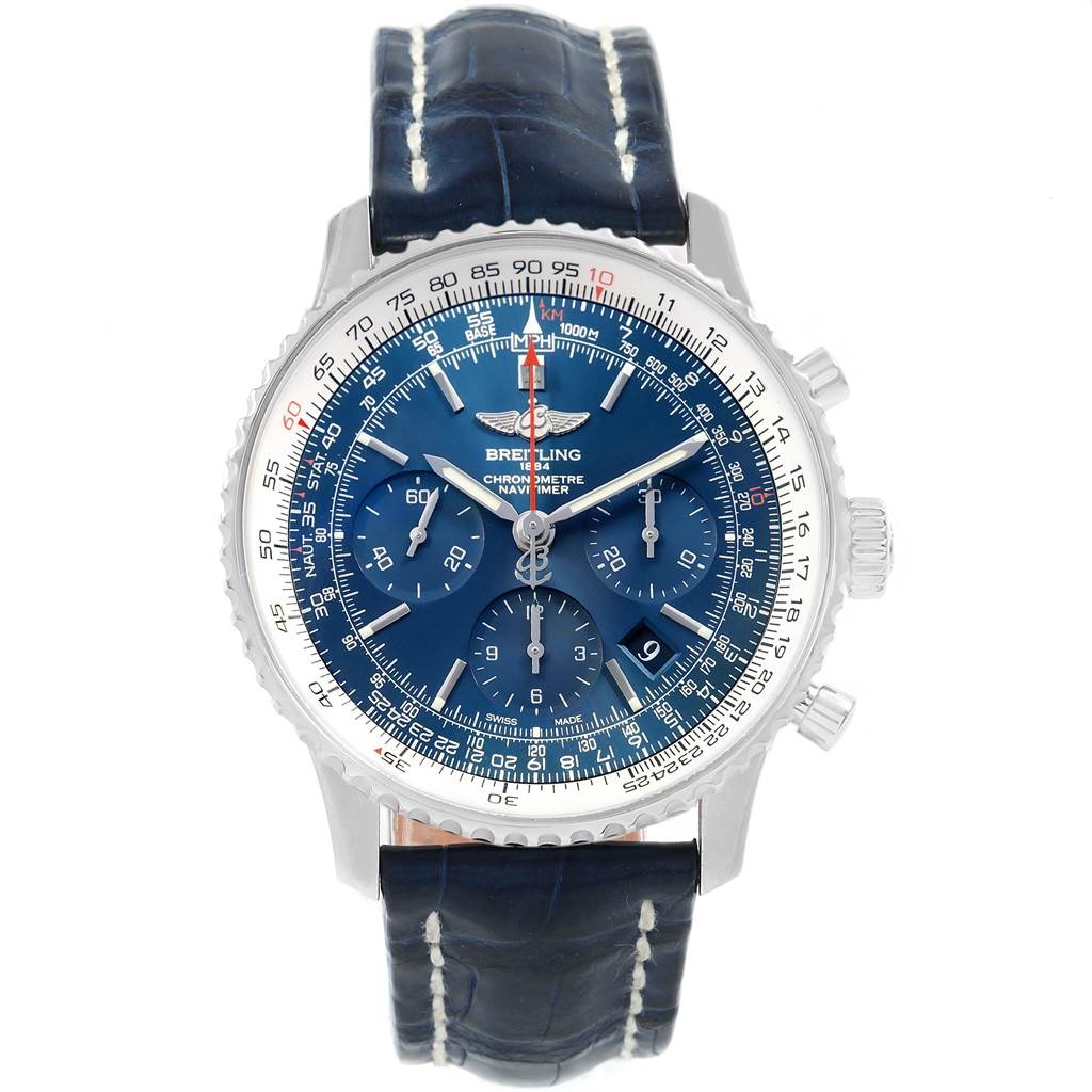 This Breitling Navitimer AB0125 Men's Stainless Steel Blue Dial AB0125 Men's Stainless Steel Blue Dial watch is shown from the front, displaying its blue dial, chronograph subdials, and leather strap.
